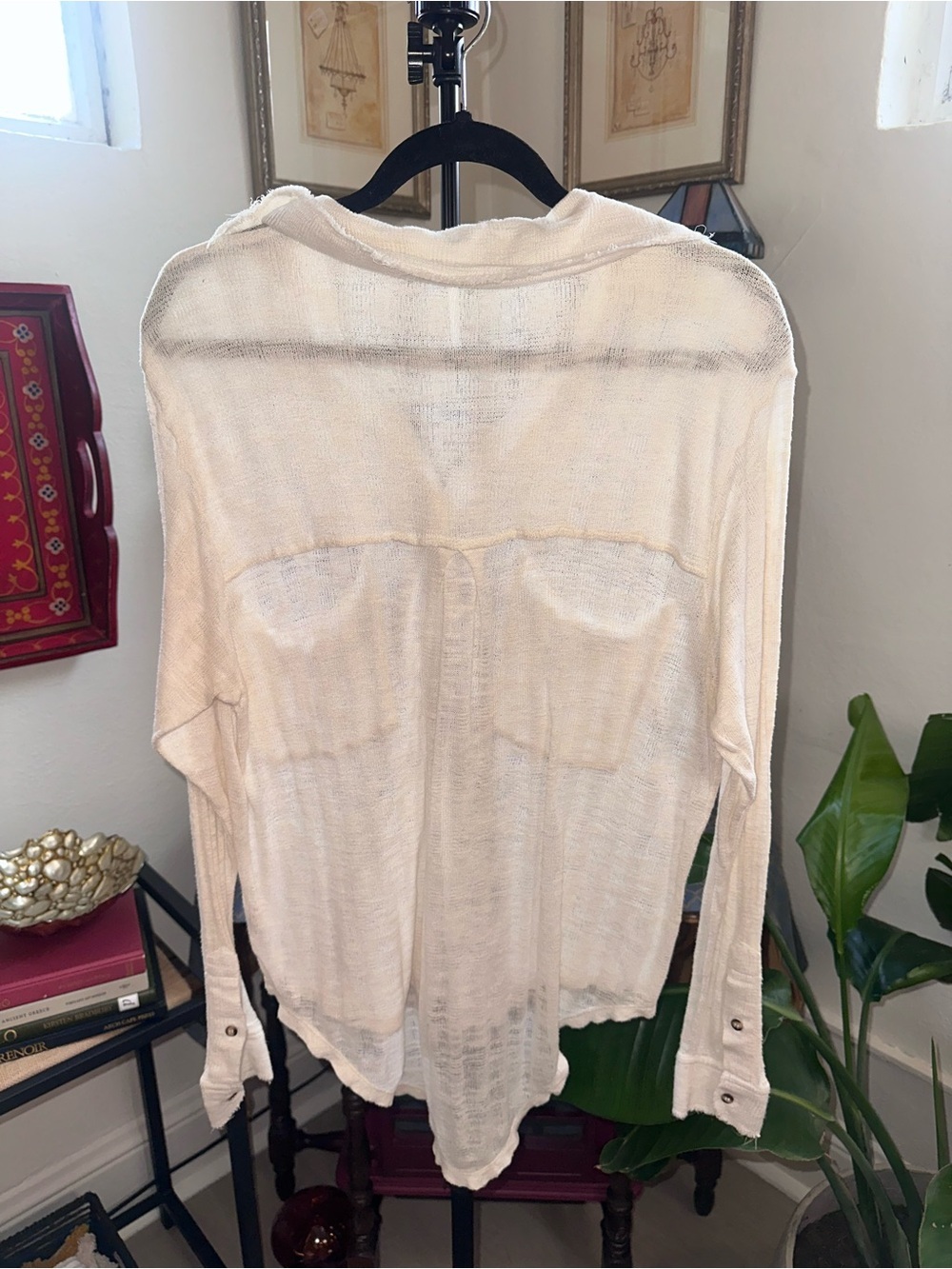 Free People Beach Open-Knit Hooded Button Sweater in Cream - Picture 3 of 3